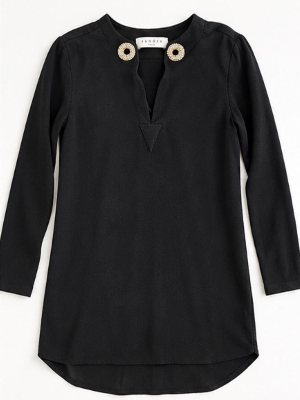 Sandro Paris Black Jeweled Crystal Neckline Tunic Blouse Sz XS